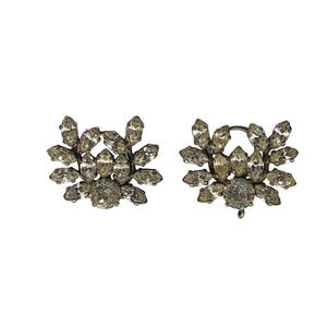Antique Clear Rhinestone Clip-On Earrings Floral Cluster Design